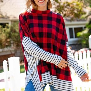 TWO TONE HACCI PLAID STRIPE PONCHO TOP